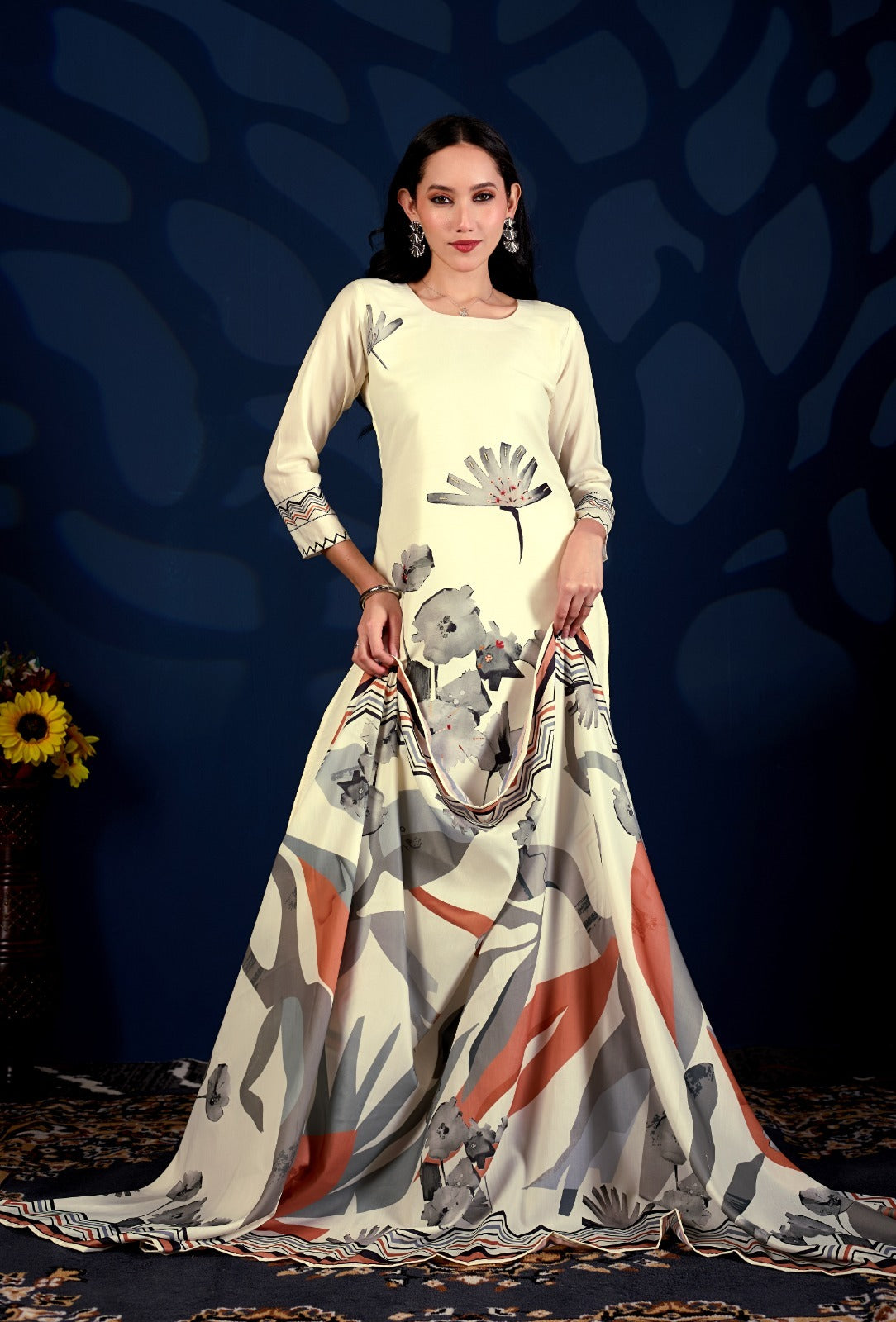 Ivory Floral Printed Anarkali Cord Set